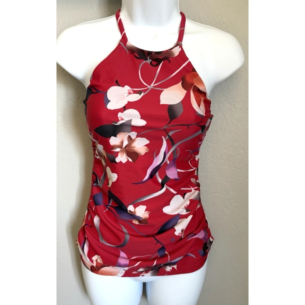 Hapari Swim Top Womens Size Small‎ Red Floral Print Adjustable Straps No Pads